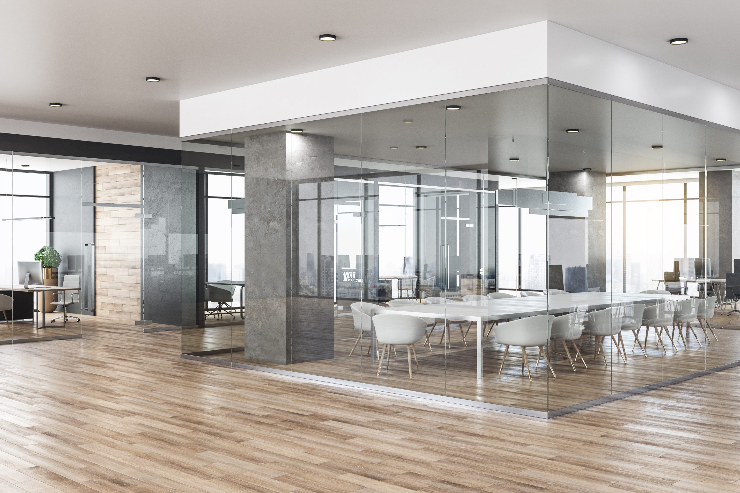 New glass concrete office interior with city view, daylight, wooden floor furniture and equipment. 3D Rendering